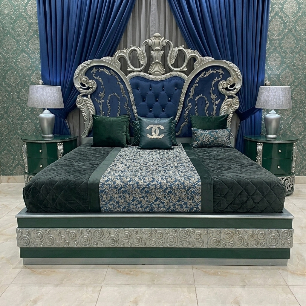 Ornate Velvet Bed in Premium Wood – Classic Luxury Style