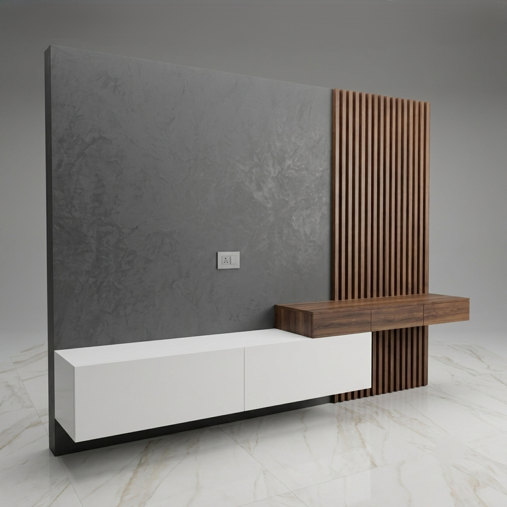 Modern wall-mounted media console with a large textured gray back panel, vertical wood slat accent, white floating cabinet, and a floating wooden shelf, shown on a light gray studio background.