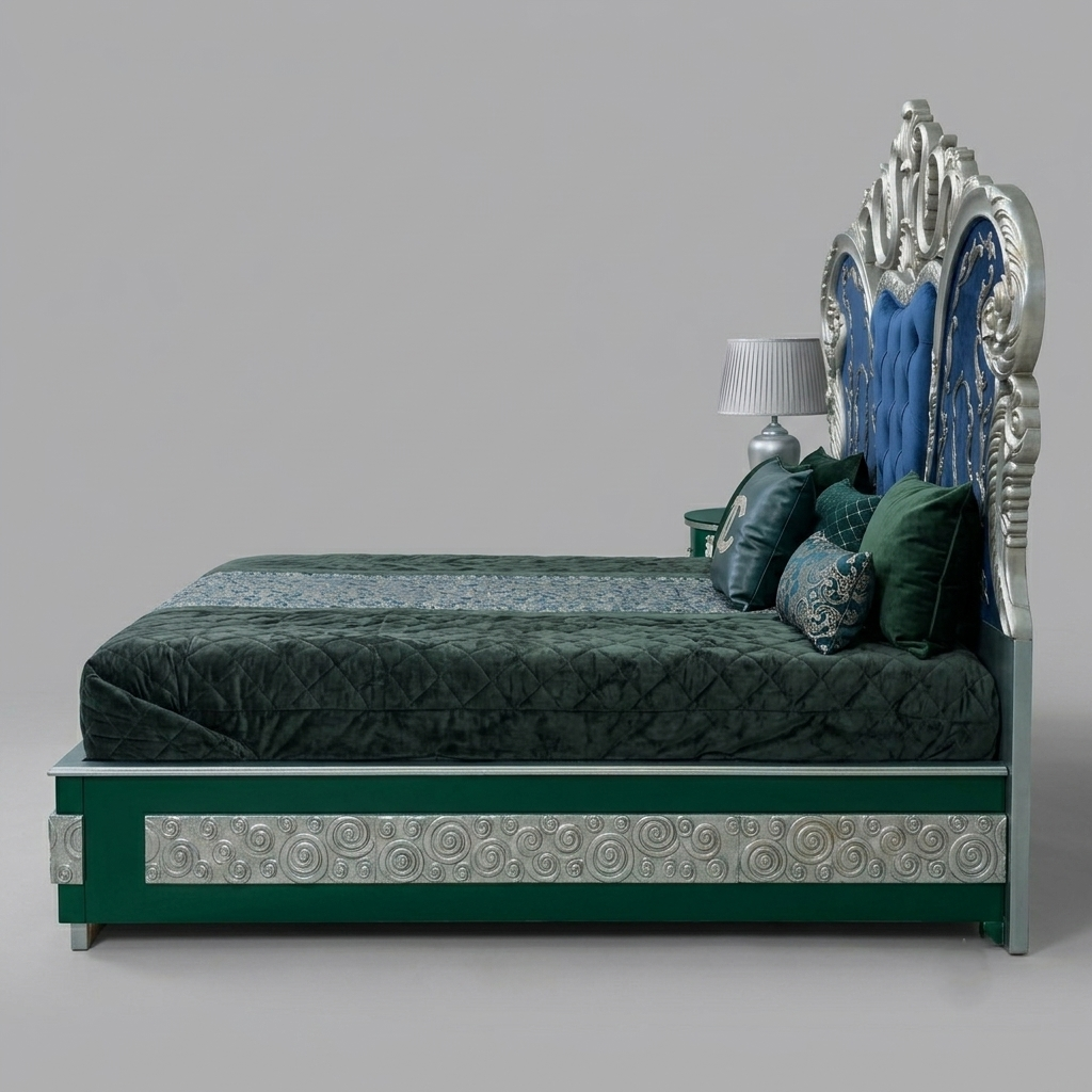 Ornate Velvet Bed in Premium Wood – Classic Luxury Style