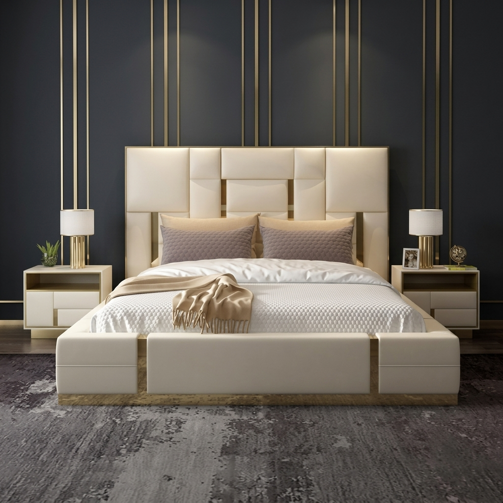 Upholstered Premium Wood Bed with Gold – Modern Design