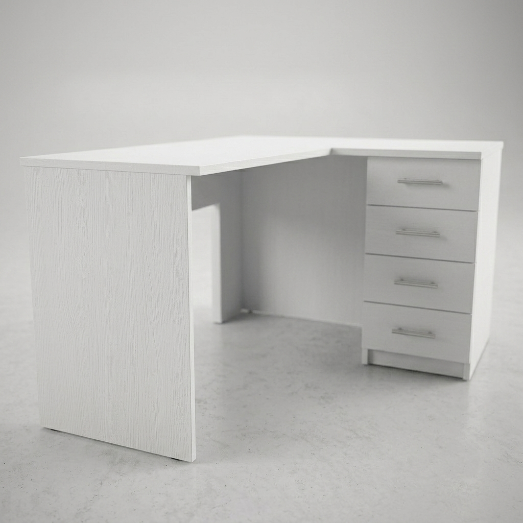 A modern white L-shaped desk with a four-drawer cabinet on the right side, featuring a textured vertical wood grain finish and slim silver handles, set against a minimalist light gray background.