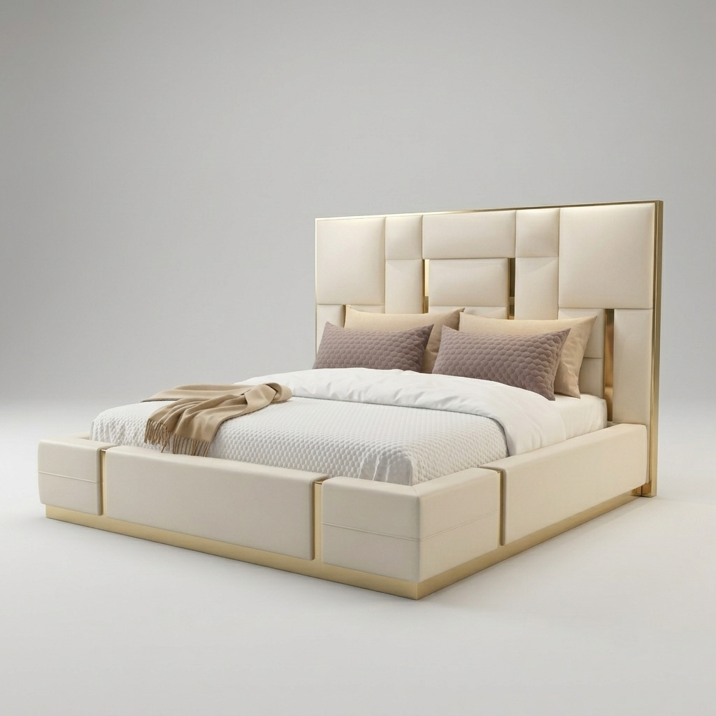 Upholstered Premium Wood Bed with Gold – Modern Design