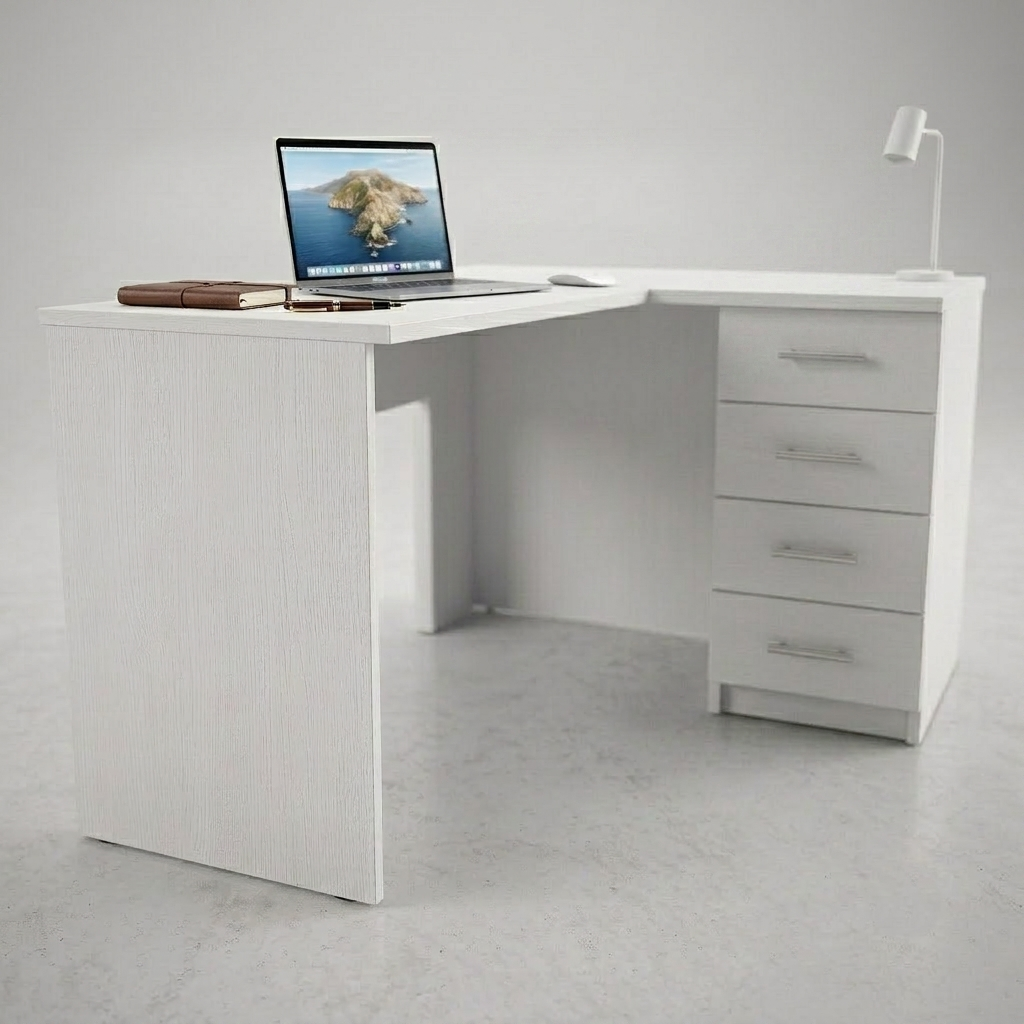 A white L-shaped corner desk with a textured grain finish, featuring a four-drawer cabinet on the right side, shown with a laptop, notebook, and desk lamp on top against a neutral studio background.