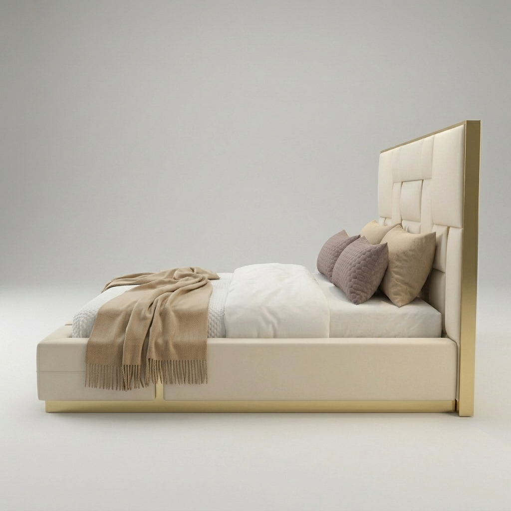 Upholstered Premium Wood Bed with Gold – Modern Design