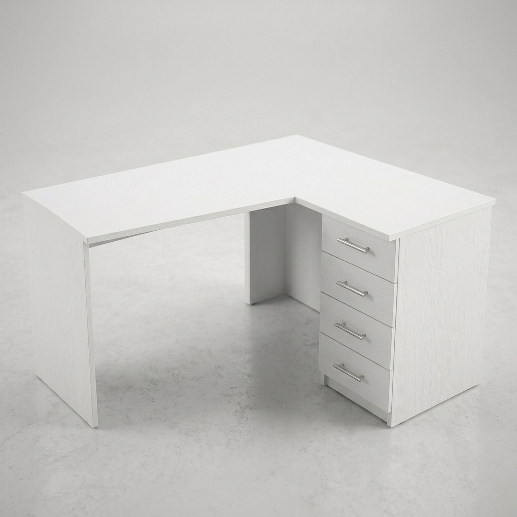 A white L-shaped office desk with a five-drawer cabinet on the right side, featuring silver metal drawer handles, set against a neutral light gray studio background.