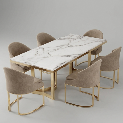A modern dining set featuring a rectangular white marble table with gold metal legs and six matching beige velvet armchairs with curved gold metal bases, set against a neutral gray studio background.