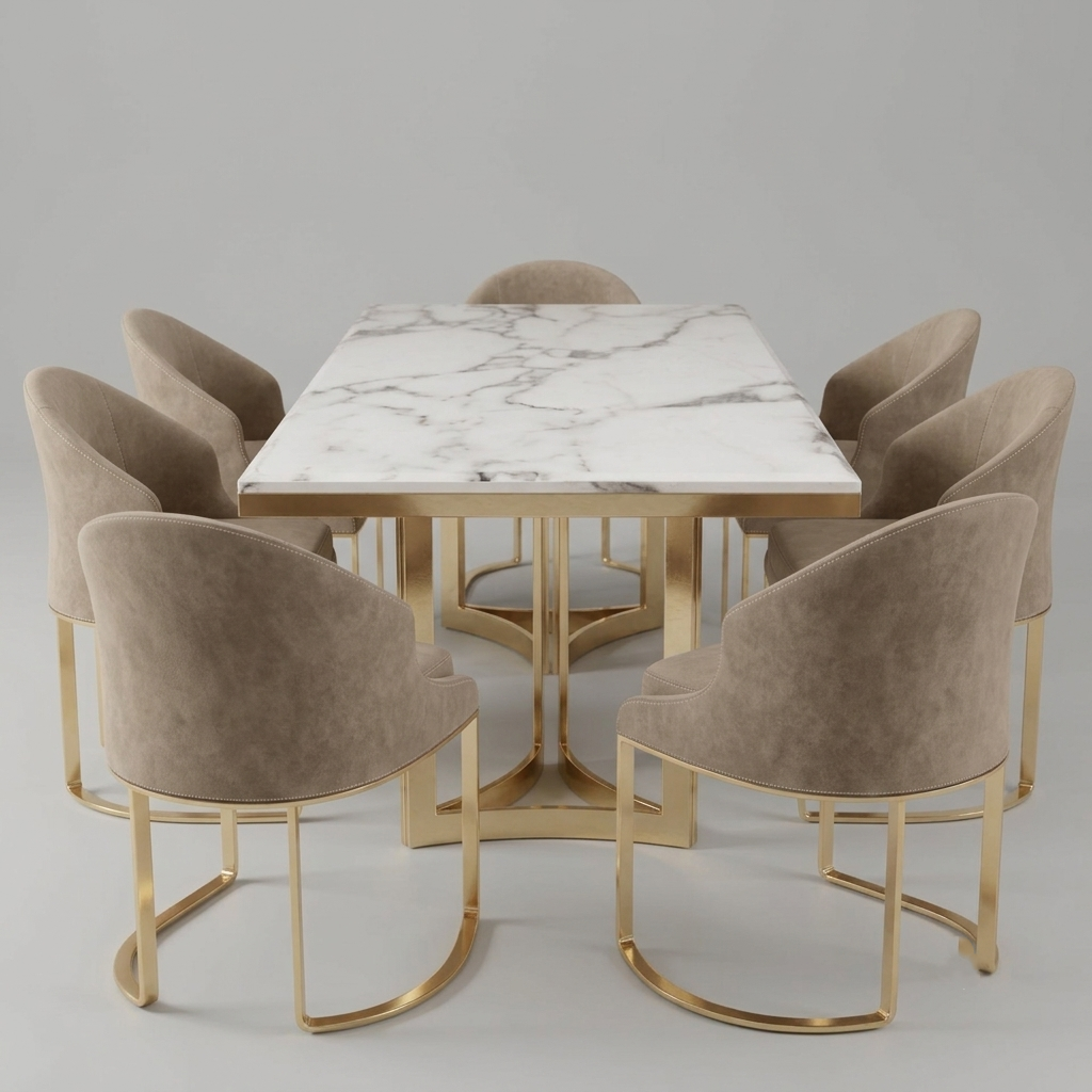 A modern dining set featuring a rectangular white marble table with a polished gold base, surrounded by eight upholstered dining chairs in taupe velvet with matching gold metal frames, set against a neutral gray studio background.