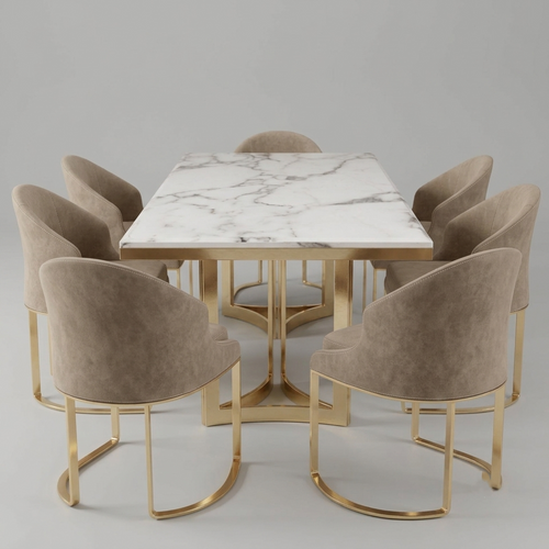 A modern dining set featuring a rectangular white marble table with a polished gold base, surrounded by eight upholstered dining chairs in taupe velvet with matching gold metal frames, set against a neutral gray studio background.