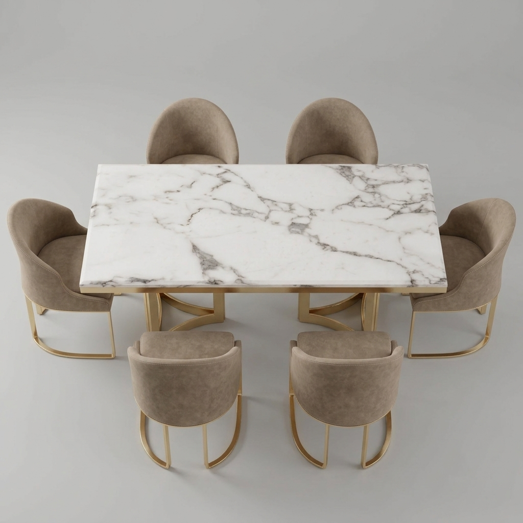 A modern dining set featuring a rectangular white marble table with gray veining and gold metal legs, surrounded by six upholstered dining chairs in taupe-beige velvet with gold metal legs, set against a neutral light gray background.
