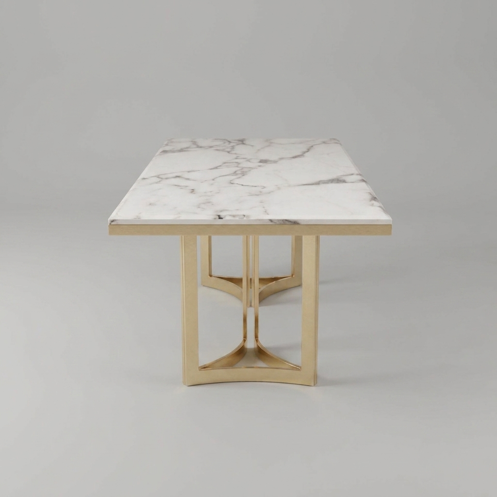 6-seater marble dining table with gold metal legs and beige velvet chairs - Asghar Interior Lahore