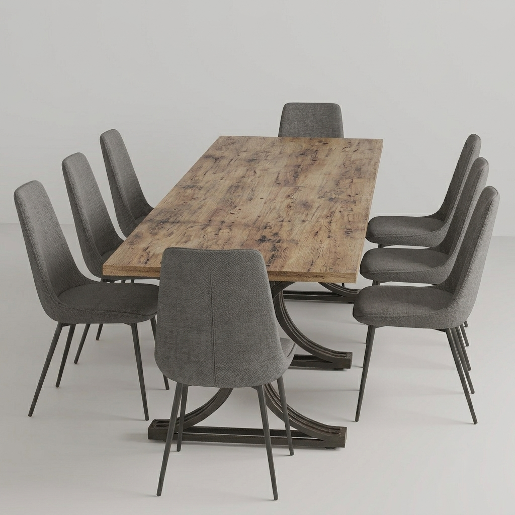 A rectangular dining table with a rustic brown wood top and dark metal base, surrounded by eight gray upholstered dining chairs with dark metal legs, set against a neutral light gray studio background.