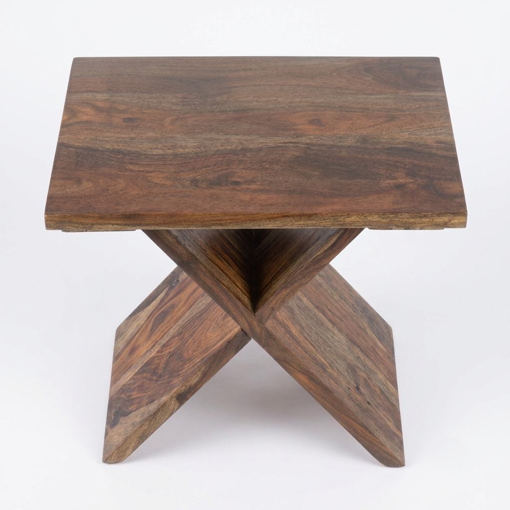 A square wooden end table with a dark brown wood grain finish and a sculptural X-shaped base, shown on a plain white background.