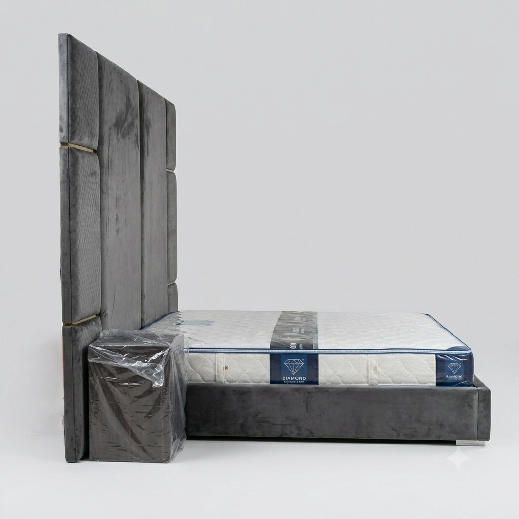 Modern Velvet Upholstered Bed with Tall Back Panel