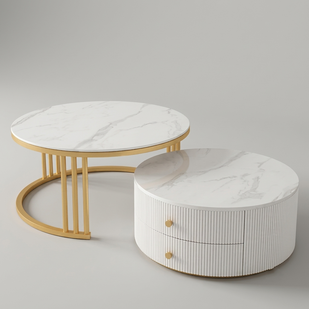 A modern round coffee table and matching side cabinet with white marble-patterned tops and bases, accented by gold metal framing and drawer knobs, shown on a light gray studio background.