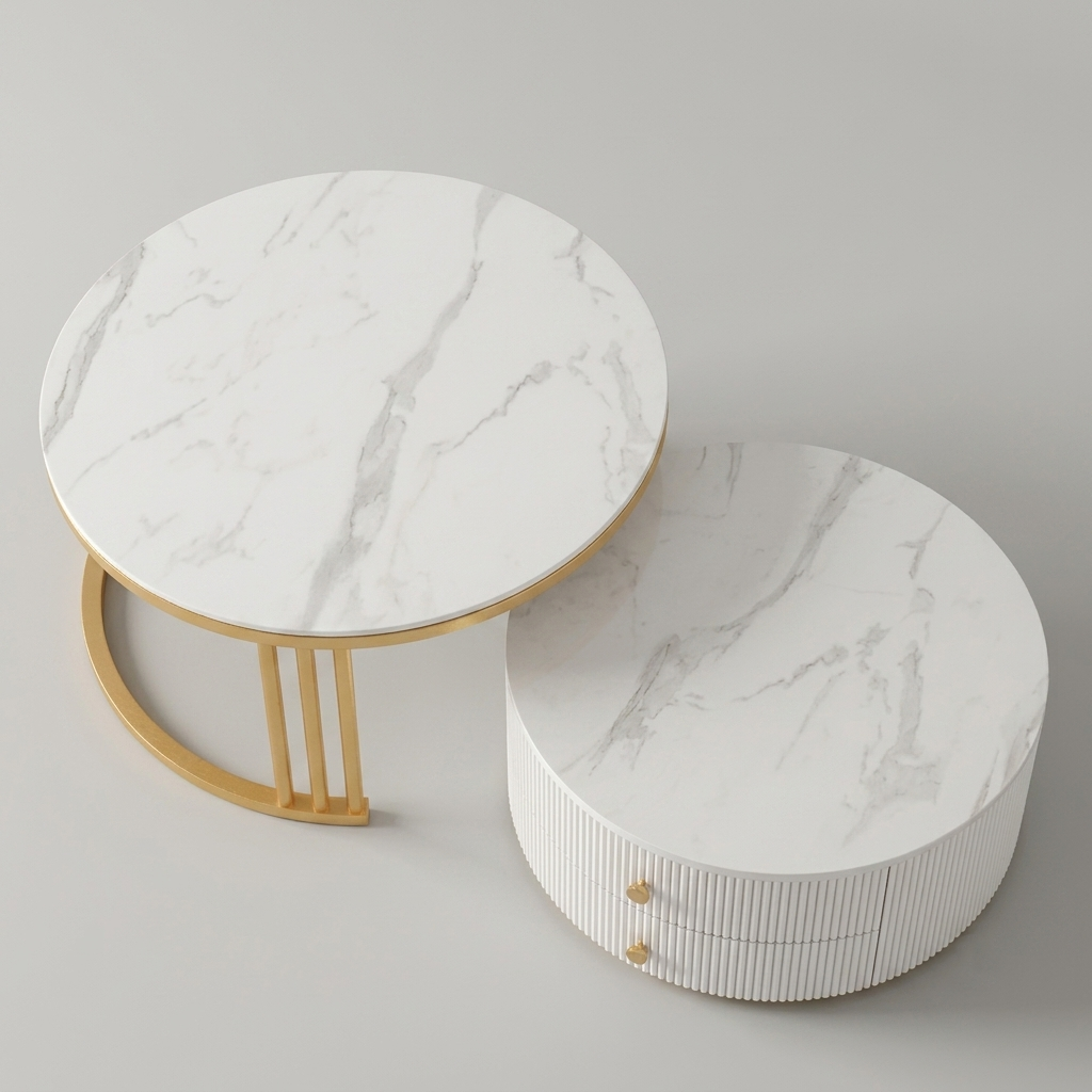 Two round nesting tables with white marble-patterned tops and gold metal bases, shown on a light gray studio background.