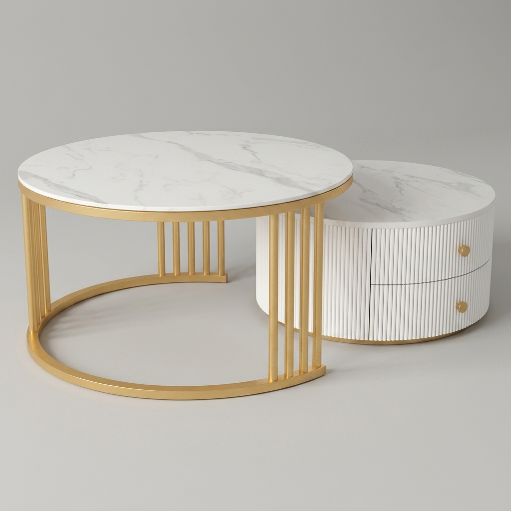A modern round nesting coffee table set with a larger table and a smaller side table, both featuring white marble-patterned tops and gold metal frames, set against a neutral gray background.