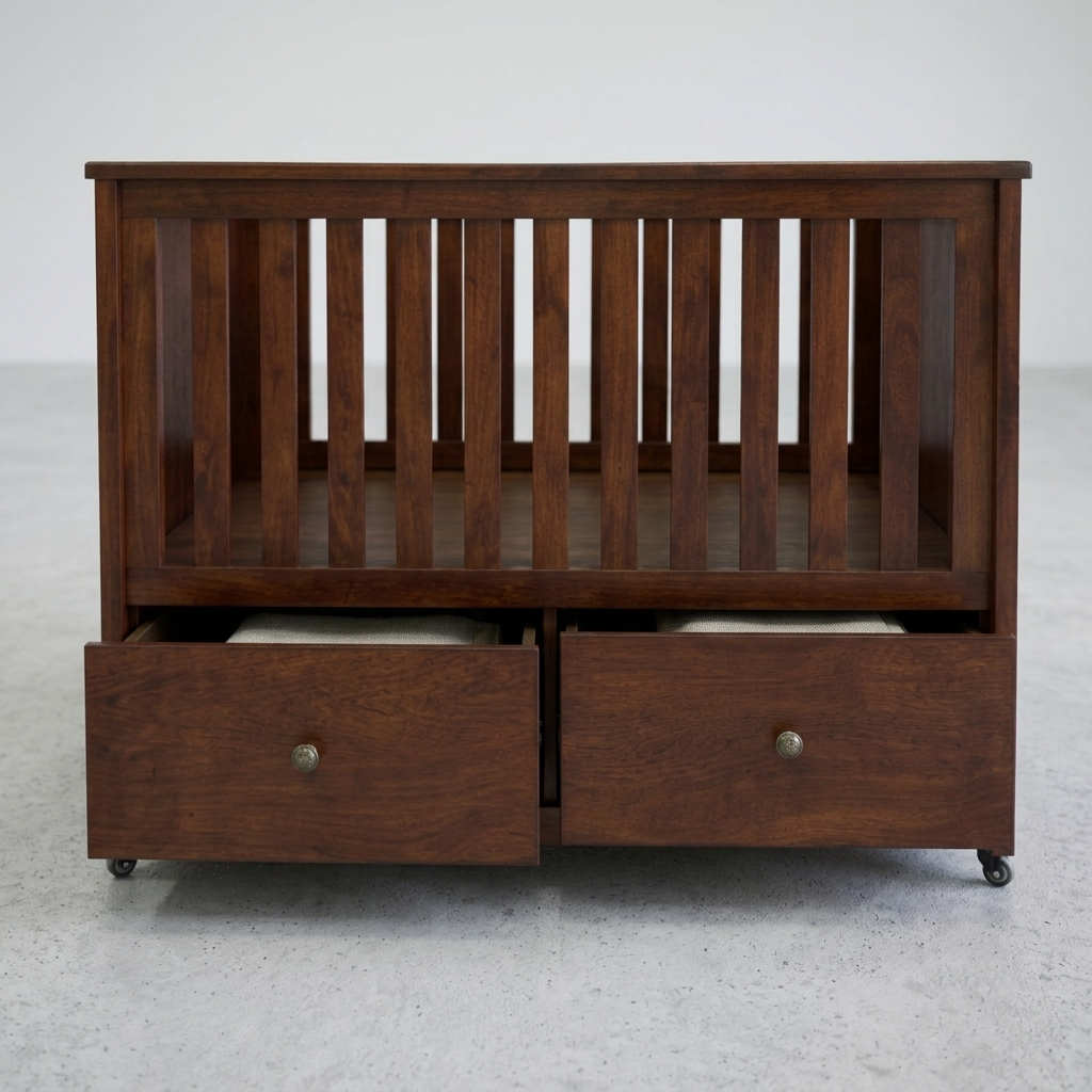 A dark brown wooden crib or bassinet with vertical slats and two pull-out storage drawers underneath, shown against a plain light gray studio background.