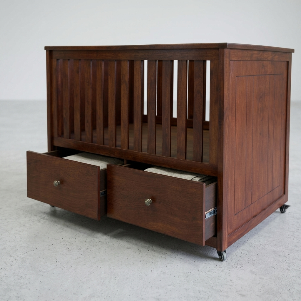 A dark brown wooden crib or changing crib with two pull-out storage drawers, shown on a light gray concrete floor against a white studio background.