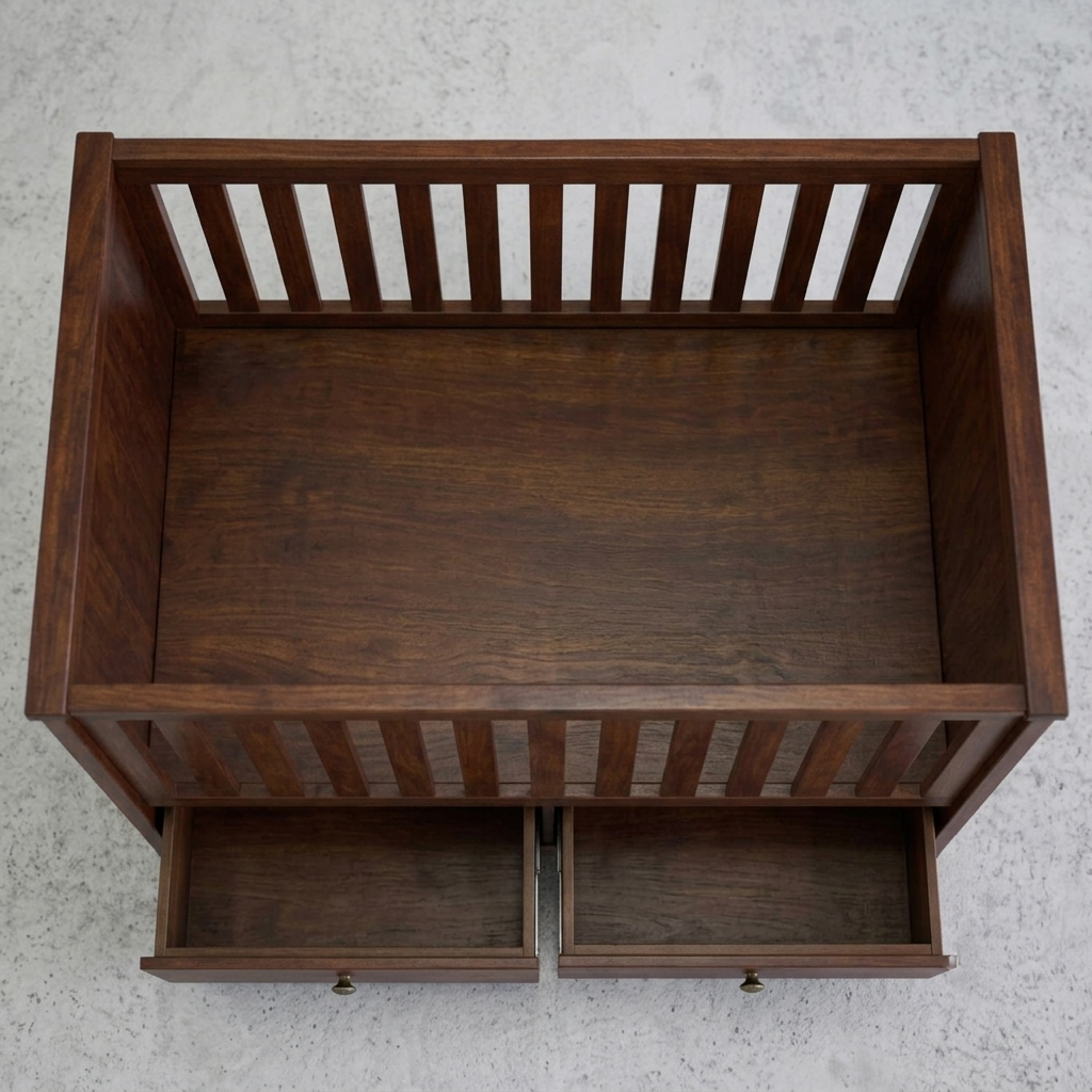 A dark brown wooden baby crib or changing table with two open drawers at the bottom, photographed from above on a light textured floor.