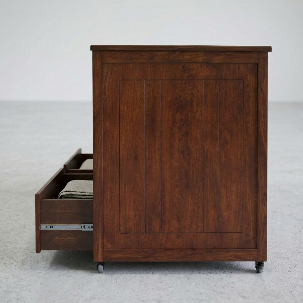 A dark brown wooden storage cabinet with a front panel and a pull-out drawer on the left, shown on a light gray studio floor against a white background.
