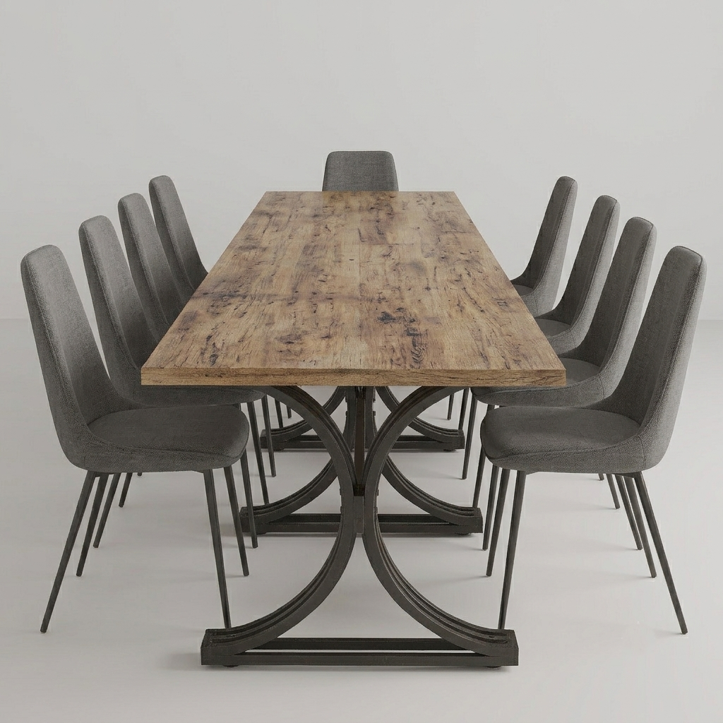 A rectangular dining table with a rustic brown wood top and a dark metal pedestal base, surrounded by eight gray upholstered chairs on a light gray studio background.