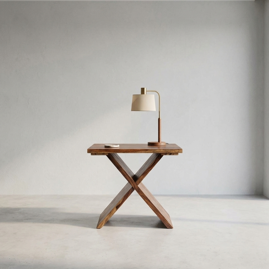 A mid-century modern wooden writing desk with an X-shaped base, styled with a brass desk lamp and a small notebook, set against a minimalist light gray wall and concrete floor.
