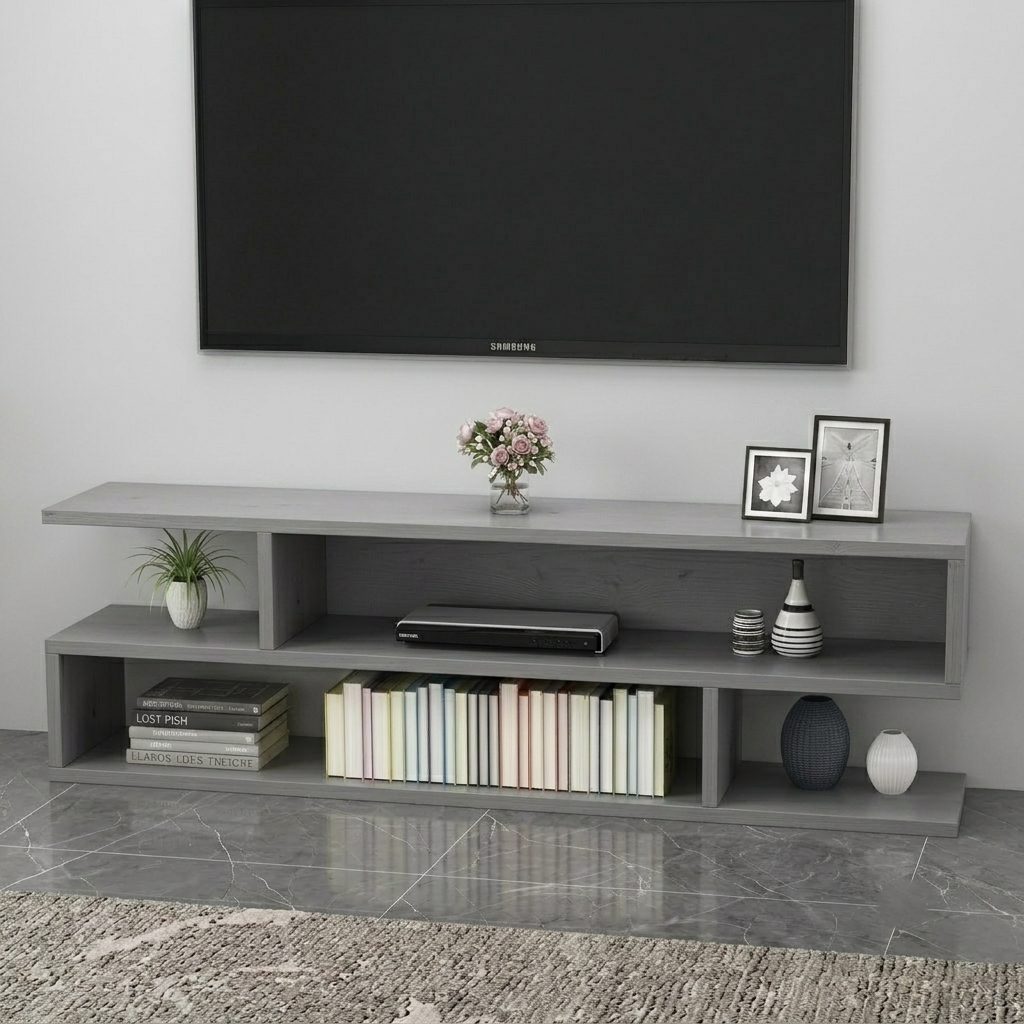 Grey TV console table in premium wood, additional view - Asghar Interior Lahore