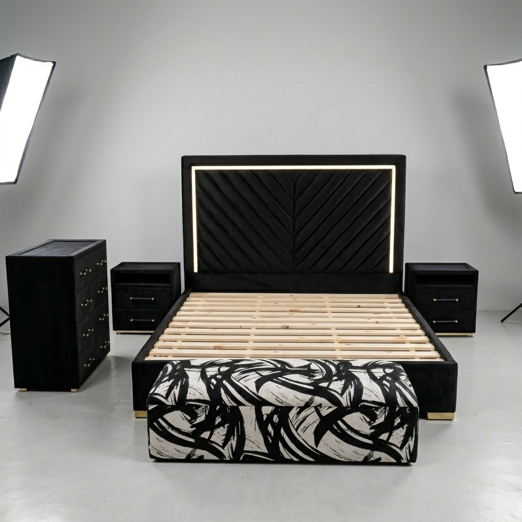 Black Velvet Bed Set with LED Headboard – Modern Design