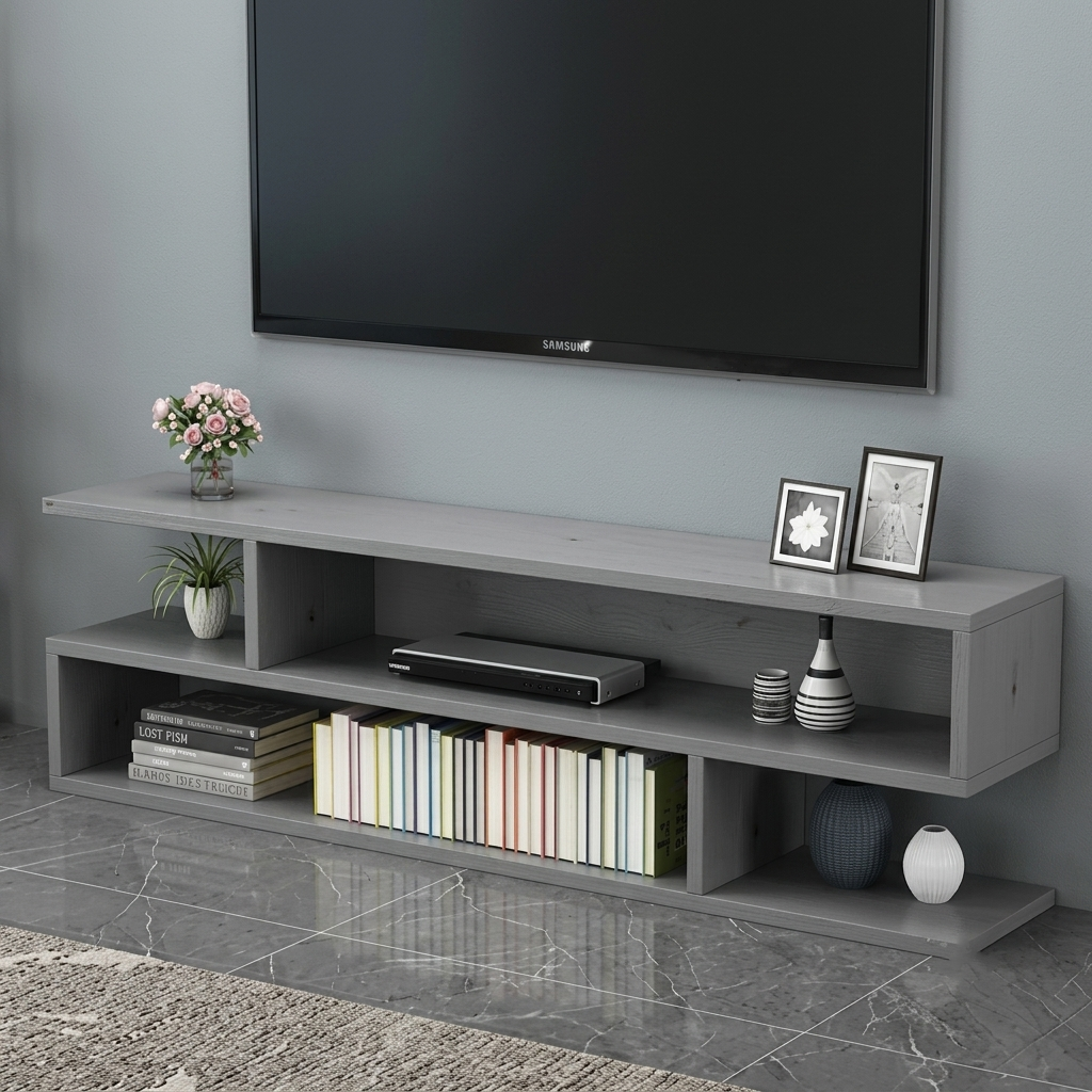 A modern gray TV stand with open shelving, styled with books, vases, and a small plant in a living room setting with a gray tiled floor and wall.