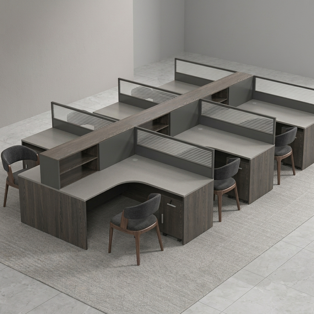 A modular office desk and chair set arranged in a cubicle layout. The desks have curved gray tops and dark wood-grain bases, with matching gray slatted dividers.