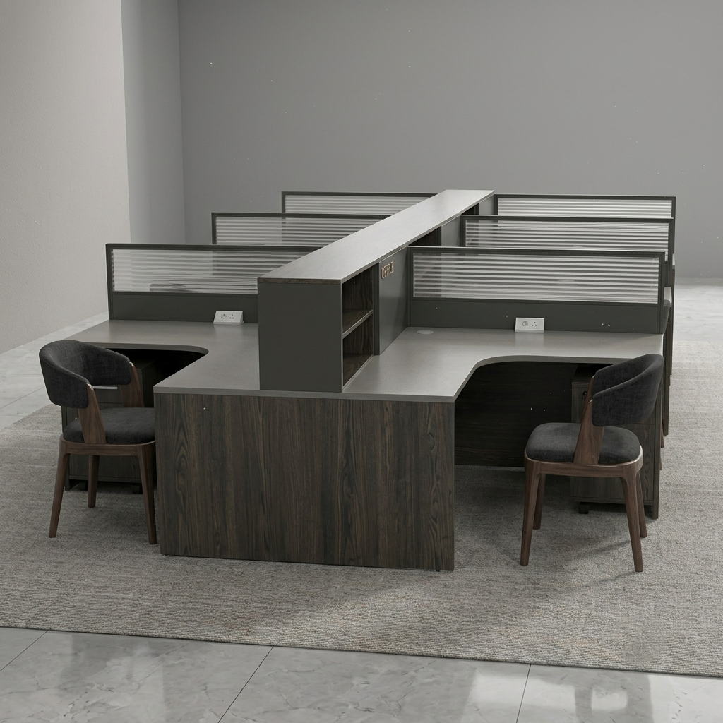 A modern L-shaped office desk setup with four workstations, featuring dark wood grain panels, frosted glass dividers, and two matching gray upholstered office chairs on a light gray rug in a minimalist office setting.